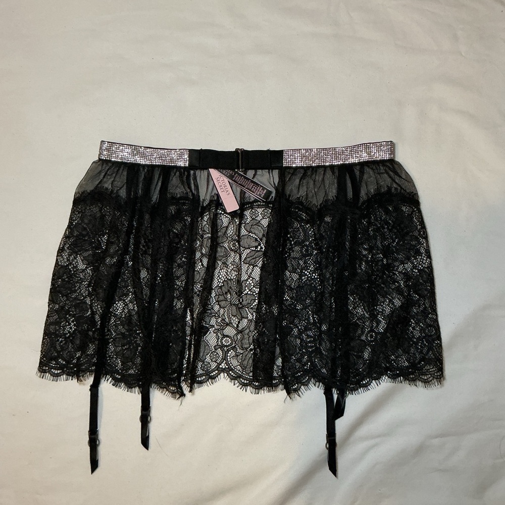 Victoria Secret Black Lace Garter Belt with Rhinestone Detail